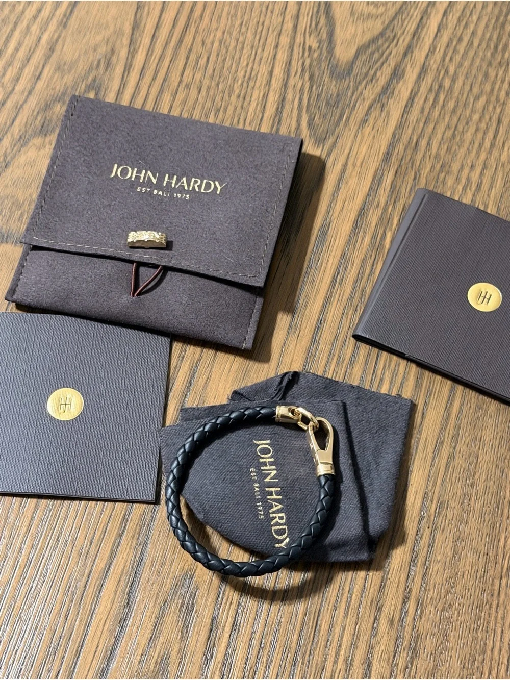 John Hardy Black Braided Leather Bracelet with 14k Gold Clasp Hook 5mm